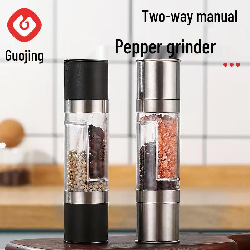 Dual-Head Stainless Steel Manual Grinder with Glass Bottle for Sea Salt, Black Pepper, and Sichuan Pepper. Plastic Black Grinder Head