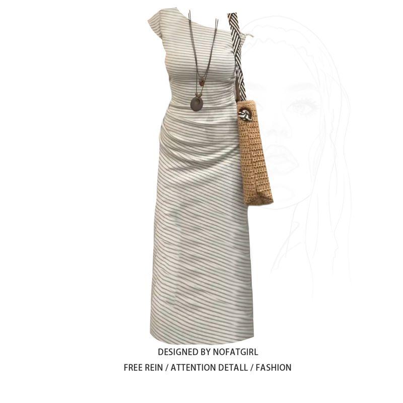 

Plus-Size Pure Desire Style Striped One-Shoulder Short-Sleeve Dress for Women, Summer Slim-Fit Waist-Cinching Long Dress Dress M
