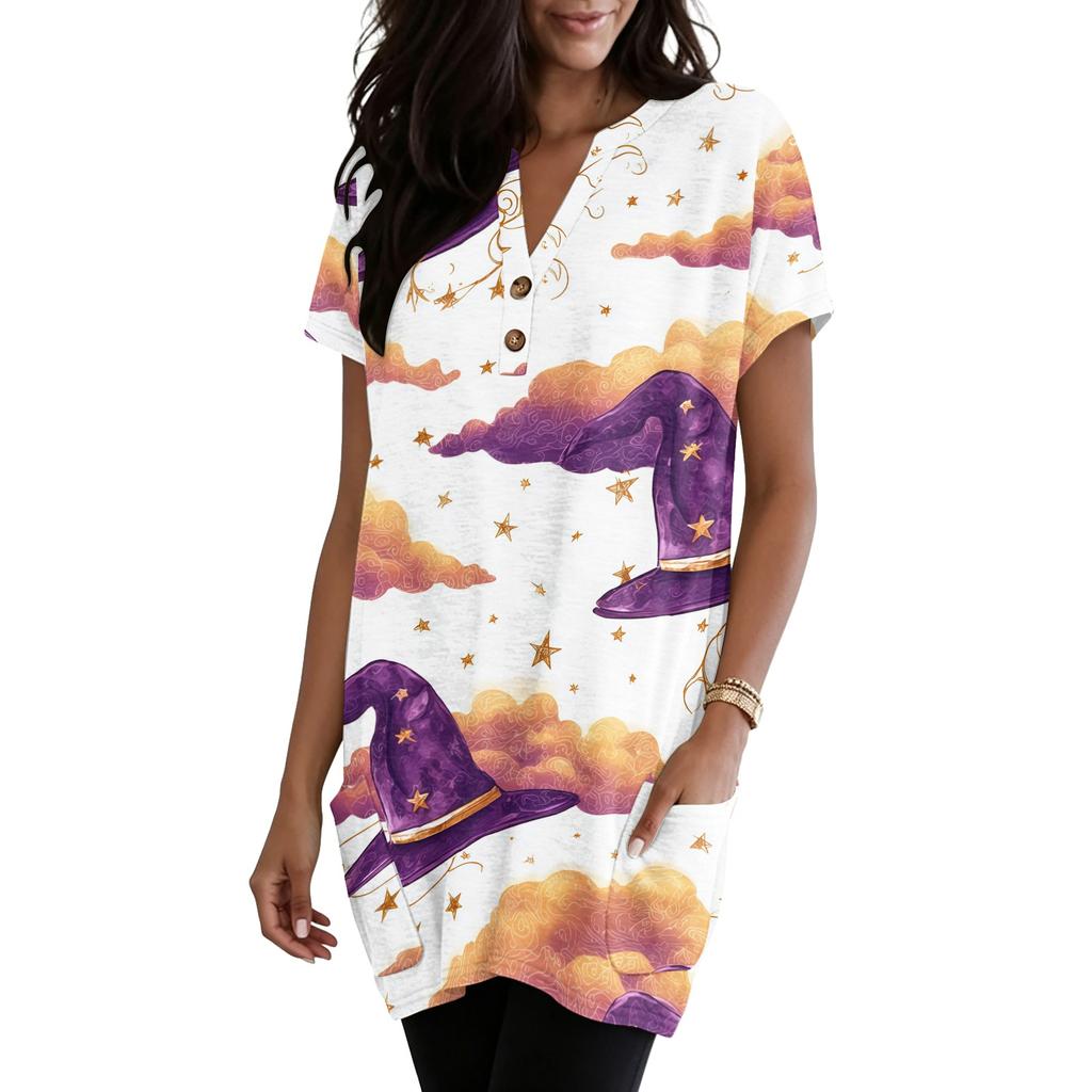 Women V Neck Halloween Print Short Sleeve Pullover Top with Pocket Loose Fit Web Pumpkin Design Tunic Shirt Blouse