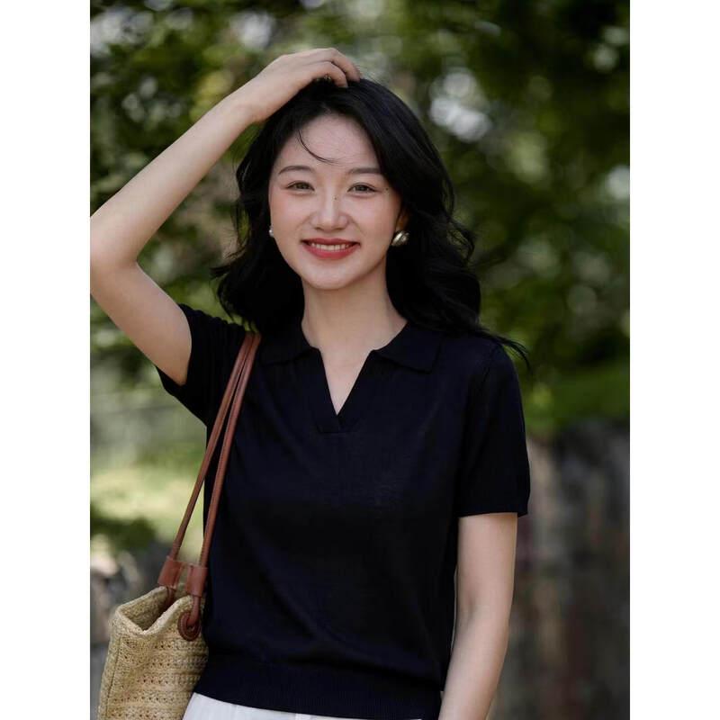 Basic House Women's Black Lapel Tencel Knit Top