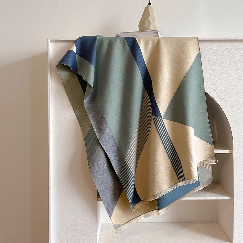 

Осенне-зимнее пончо из имитации кашемира, шаль для кондиционера, утолщенная, простая, теплая, студенческая, удлиненная, в клетку, двусторонняя, женская 180*65cm синий