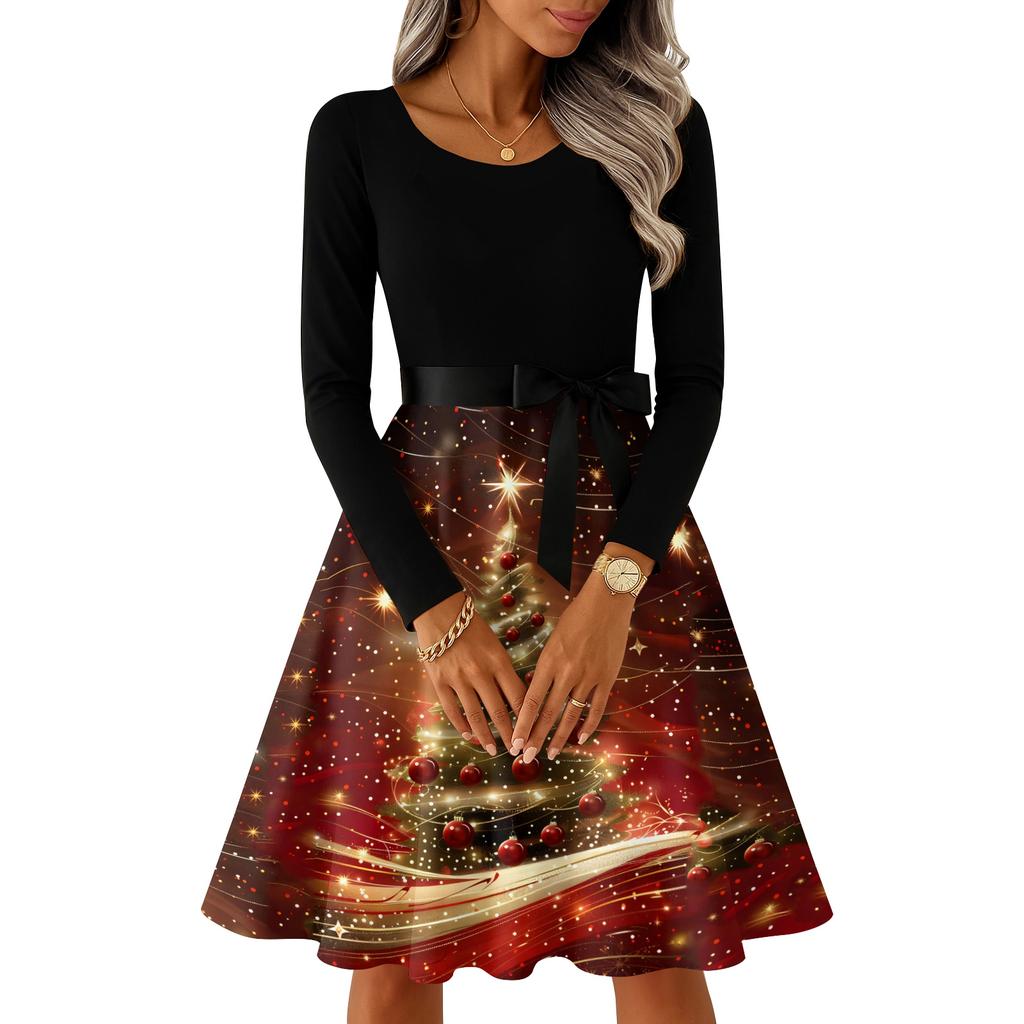 Women's Casual Fashion Long Sleeve Christmas Graphic Printed Vintage Long Dresses