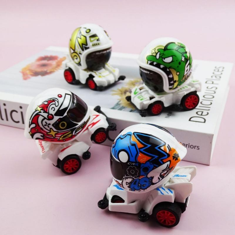1PC Children's Small Toys Cartoon Solid Color Colorful Four-wheel Drive Pull-back Racing Helmet Car