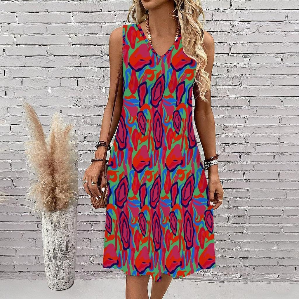 Plus Size V Neck Sleeveless Dress Soft Watercolor Peach Blossom Print For Leisure Courtyard Time