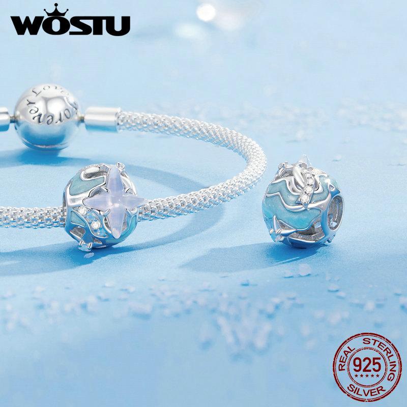 WOSTU Original 925 Silver Space Starry Sky Series Star Charms Blue Heart Beads Rainbow Drop Pendant Fit DIY Bracelet Necklace