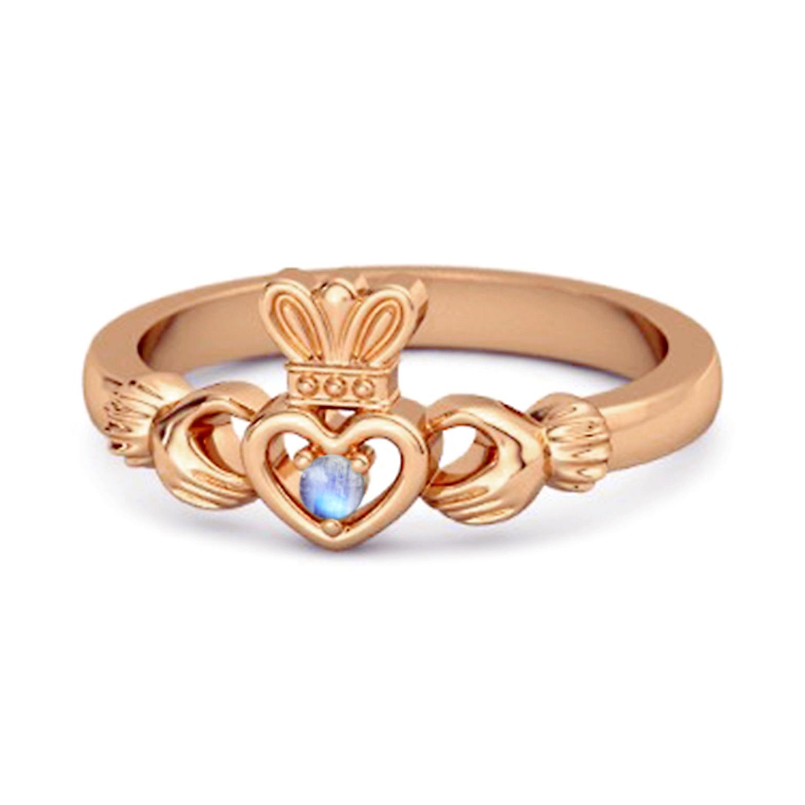 

Moonstone Claddagh Irish Heritage Symbol Ring - 925 Sterling Silver Rose Gold Vermeil 6.5