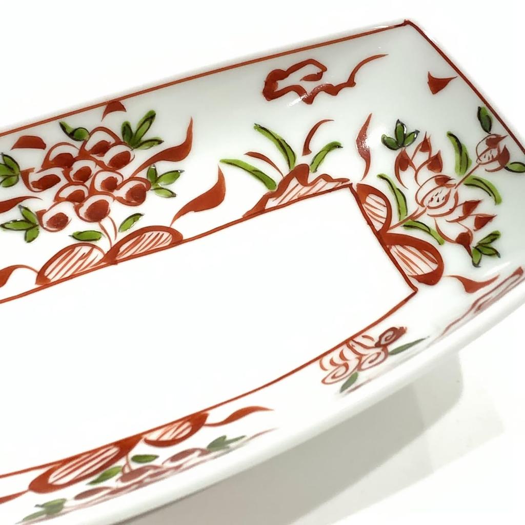 Arita ware square medium-sized bowl, hand-painted Denpeigama Mingli red-painted plate, approximately 21 x 11 cm