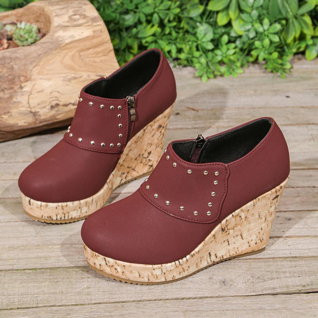 Women's Studded Platform Wedges Ankle Boots Slip-On Side Zipper Booties 2026 New Woman High Heel Pumps Zapatos Para Mujer
