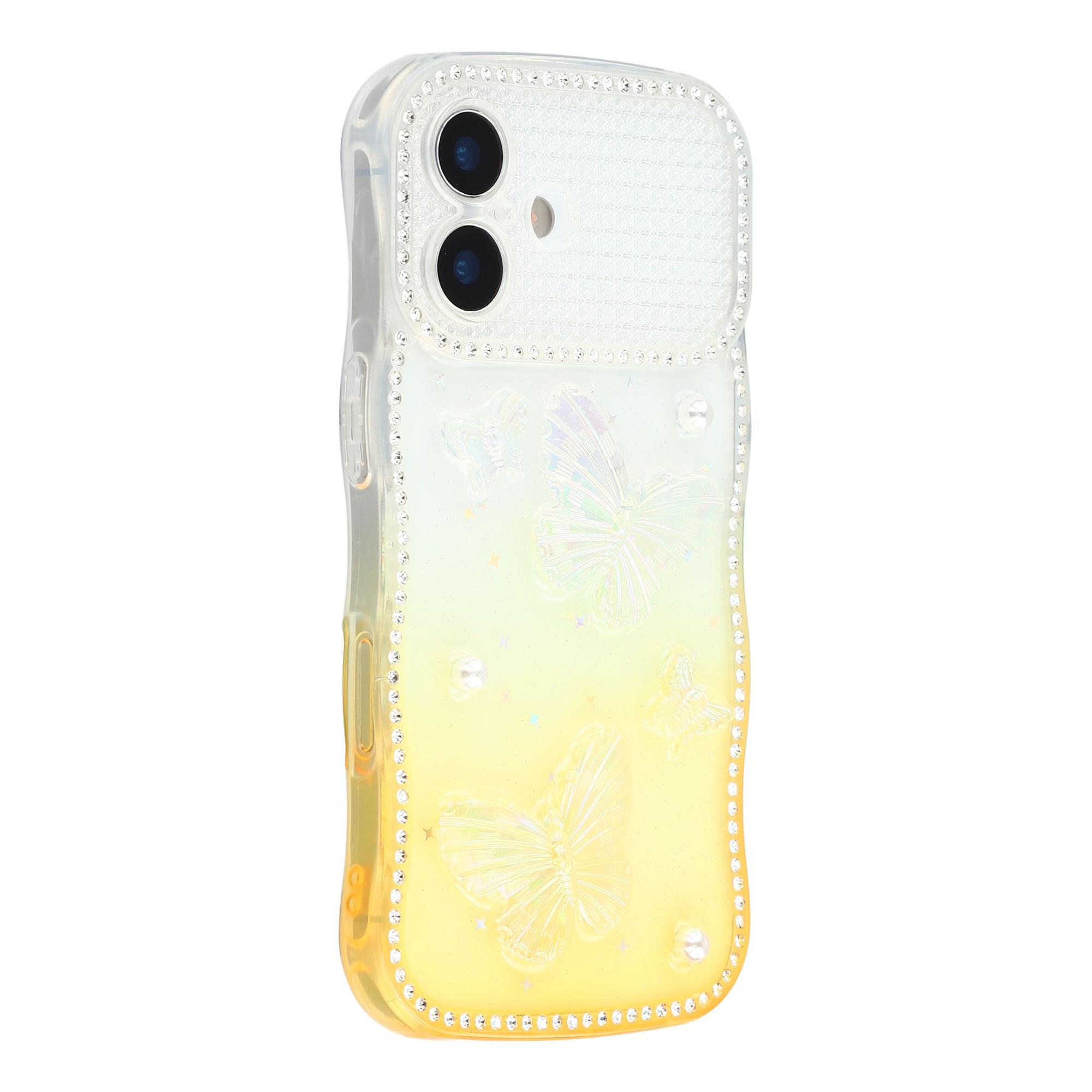 For iPhone 16 Case Epoxy Butterfly Design Rhinestone Decor Gradient Shockproof TPU Phone Cover
