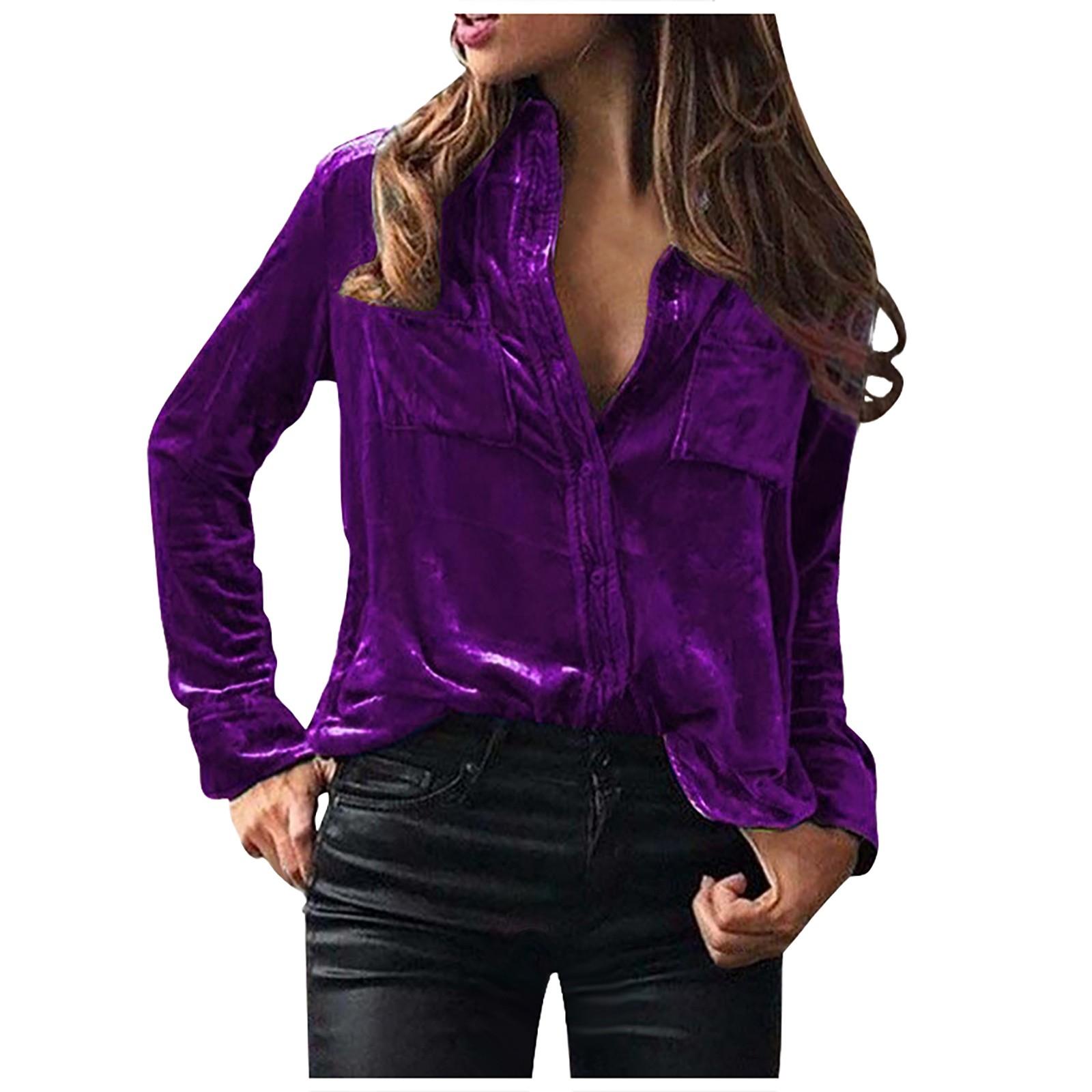 

Женская зимняя мода бархатная повседневная рубашка с длинным рукавом и карманом на пуговицах XL фиолетовый