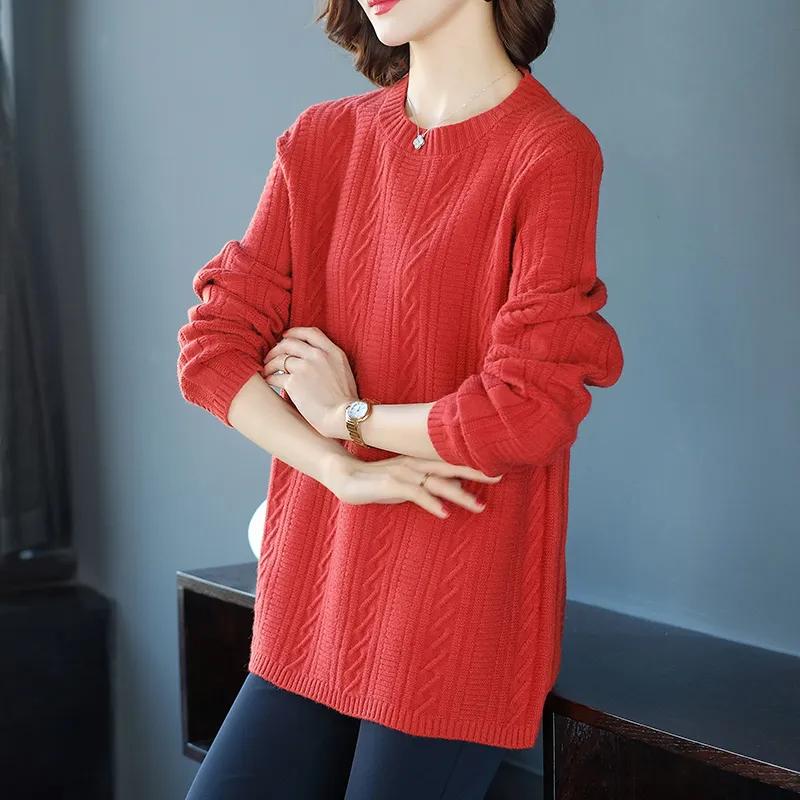 Women's Autumn Mid-length Loose Cable Knit Sweater, Large Size, Belly-covering Elegant Top