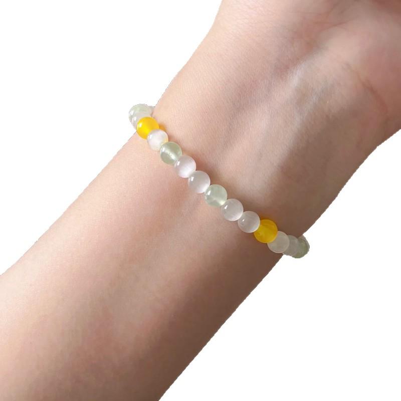 Women's Prehnite Bracelet with White Cat's Eye Stone & Yellow Agate - Simple, Versatile National Style Crystal Jewelry