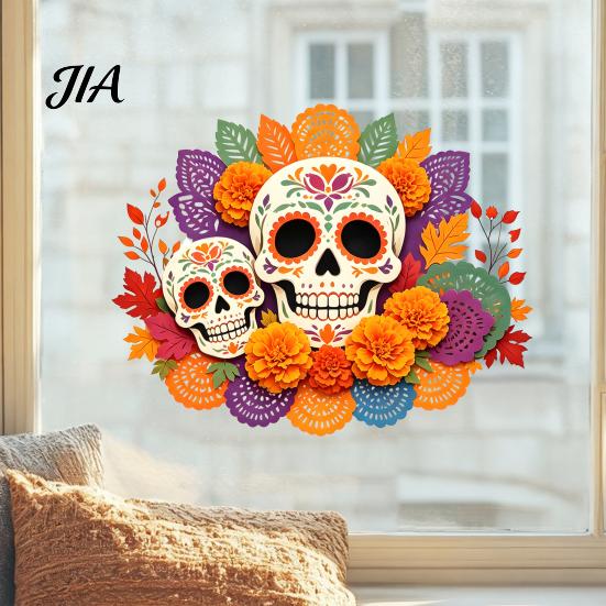 Decorative Holiday Gifts Day of The Dead Window Static Sticker, Flower Skull PVC Sugar Decals Decals, Waterproof Halloween Glass Clings for