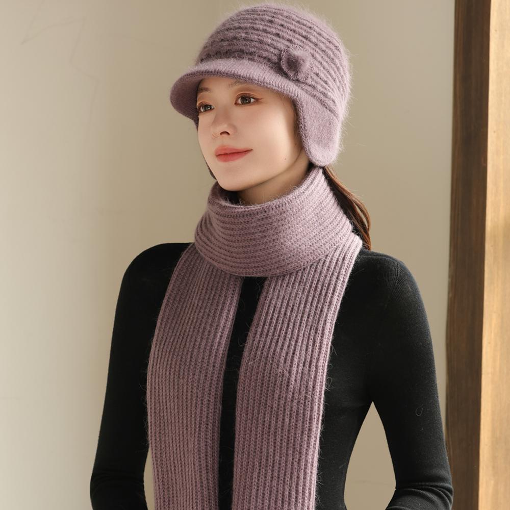 

Новый стиль Женская мода Зимний костюм для сохранения тепла Женские щегольские шапки-бини для женщин Повседневная вязаная шапка из смеси кроличьего меха Зимний комплект шапок 55cm-58cm светло-фиолетовый