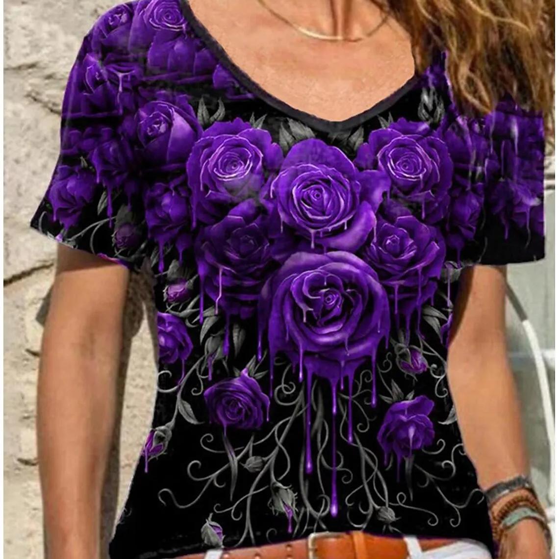 

Футболки с v-образным вырезом для женщин, топы с 3d принтом розы, повседневная уличная женская одежда, летняя модная футболка большого размера, женская одежда Y2k 8XL