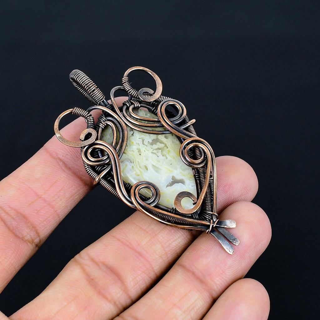 Moss Agate 999 Copper Wire Wrapped Pendant, Handmade Gemstone Jewelry Pendant Gift For Birthday