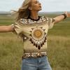 Women New Retro Harajuku Stripe Print V‑Neck Short Sleeve T‑Shirt Streetwear Casual Summer Pullover Top