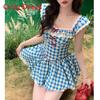 French Vintage Blue Plaid Short Dress With Bow Pattern For Summer Fashion Womens Casual Wear