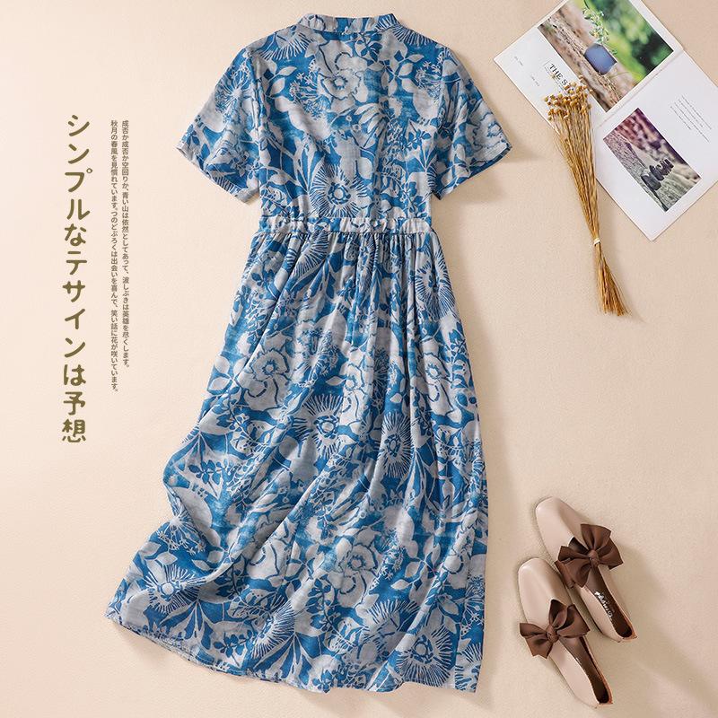 

Реальное фото Лето Новое Литературное Свободное Платье с Принтом Воротник-стойка Короткий рукав Женская одежда Талия Средней длины 2XL