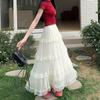 Qooth Lace Patchwork Pleated Fairy Tiered A-Line Maxi Skirt High-Waist Slimming Layered Cake Long Skirt for Women QT2866