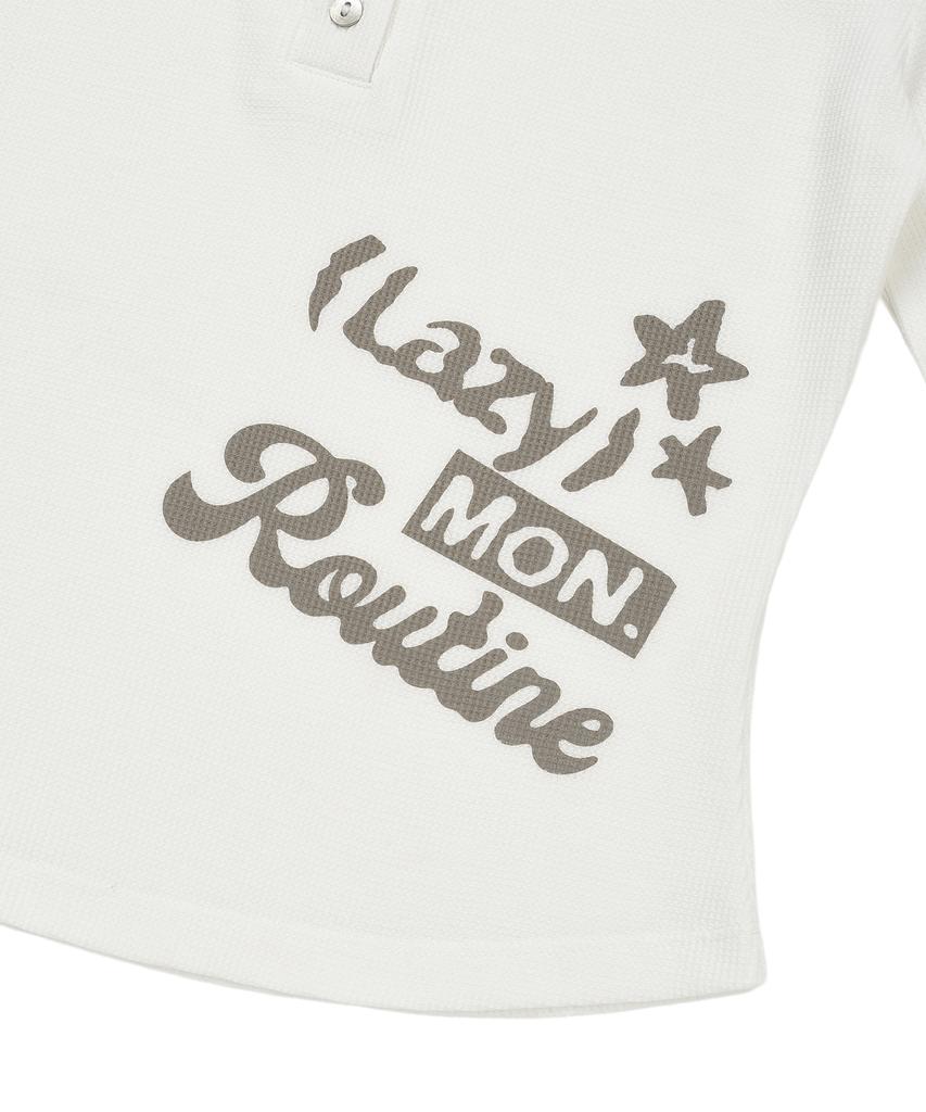 LMR Lettering Graphic Waffle Henley Neck Long Sleeve T-Shirt Ivory