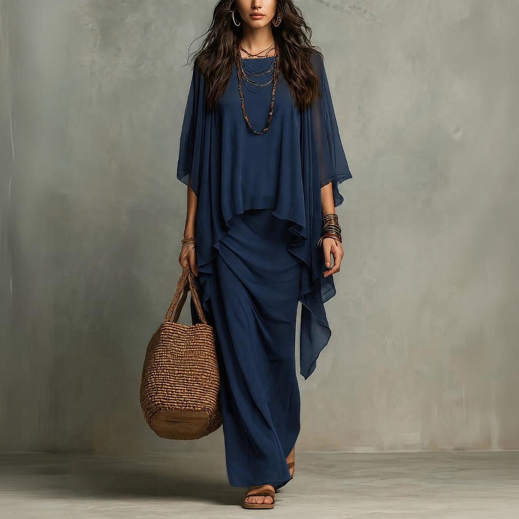 Ensemble robe longue deux pièces en mousseline pour femme avec châle enveloppant pour les vacances d'été
