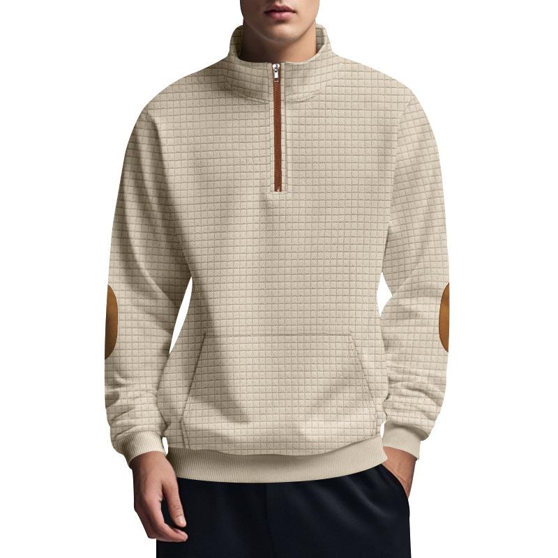 Fashionable Men's Casual Sweatshirt with Jacquard Small Check Embroidered Patchwork Stand Collar Loose-Fit Top
