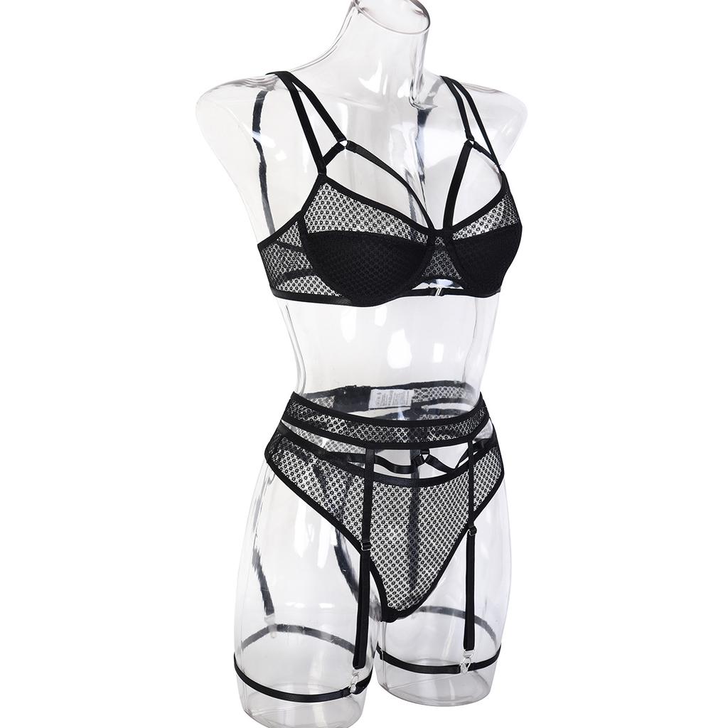 Erotic Lingerie Selling Women's Sexy Hollow Out Fantasy Lace Waist Cover Underwear Set with Leg Rings