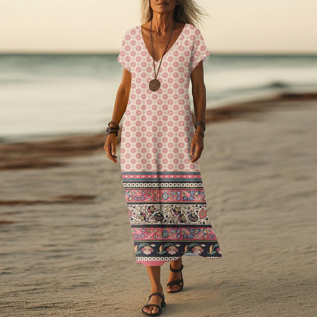 Letní šaty Dámské Dlouhé Boho Plážové šaty Elegantní Maxi šaty Výstřih do V Krátký rukáv Letní Tunikové šaty Lehké Vzdušné