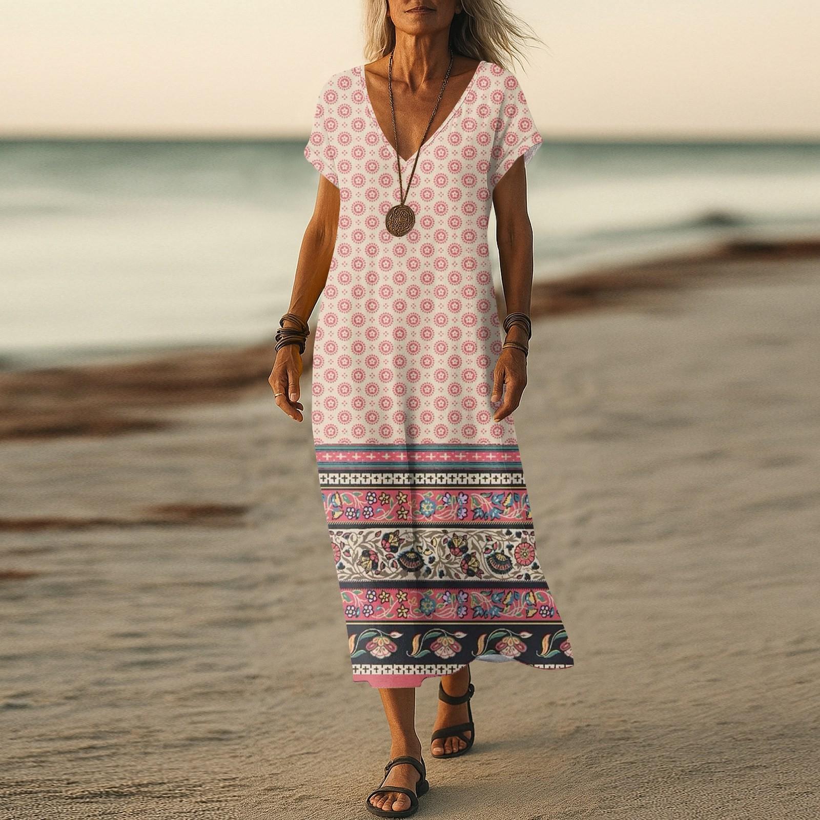 

Літня сукня Жіноча Довга Бохо Пляжна Сукня Елегантна Максі Сукня V-подібний Виріз Короткий Рукав Літня Туніка Легка Повітряна XL рожевий