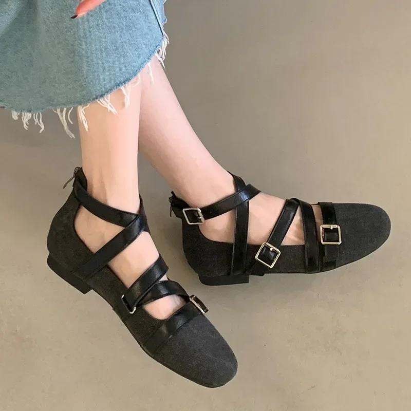 Fashion Belt Buckle Flat Mary Jane Shoes Women Fashion Design Footwear Female Cross-tied Soft Sole Comfort Ballet Shoes Zapatos De Mujer