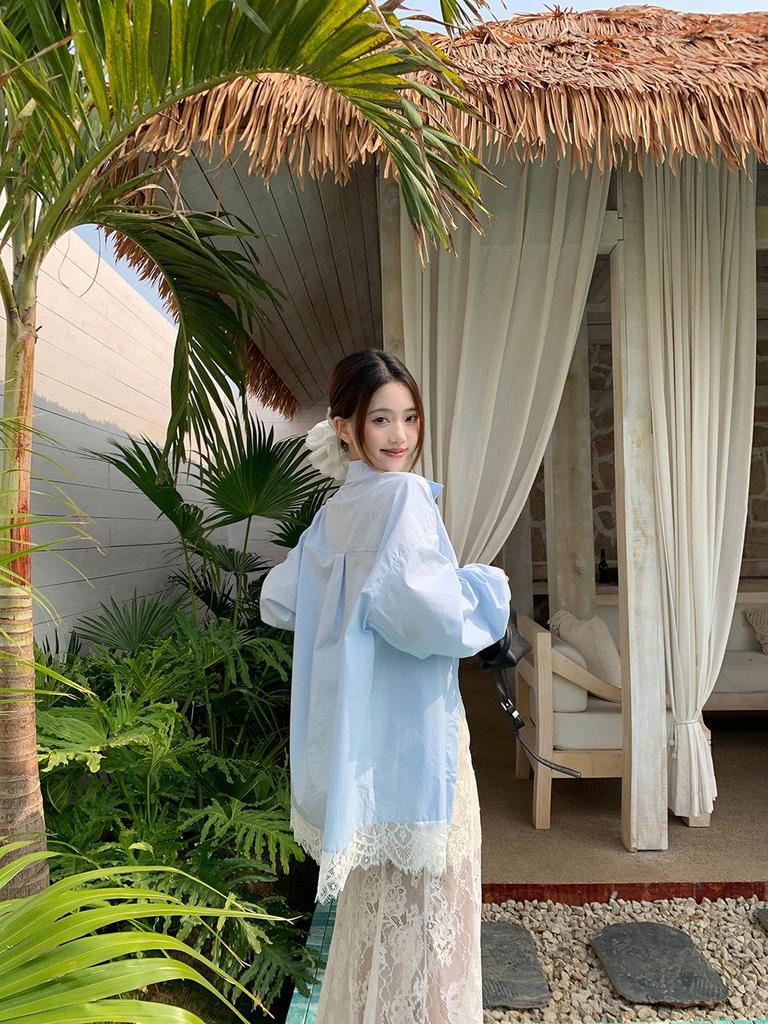 Women's Blue Spliced Lace Shirt Jacket - 2025 Korean Design, Loose Fit, Sun Protection for Summer