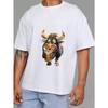 Crewneck T Shirt White Bull Holding Beer Cartoon Print for Casual Wear