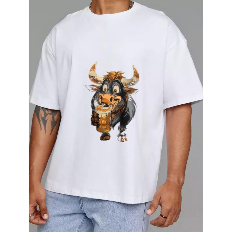 Crewneck T Shirt White Bull Holding Beer Cartoon Print for Casual Wear