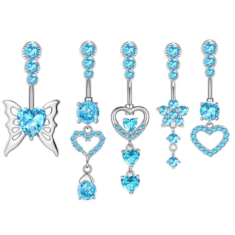 Blue Zircon Belly Button Rings Dangle Heart Butterfly Navel Piercing Stainless Steel Belly Bar Body Piercing Jewelry