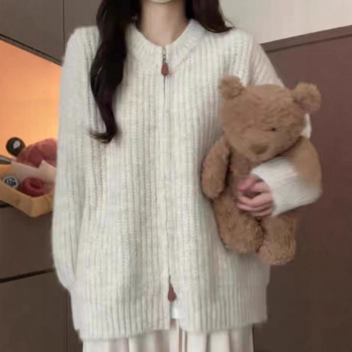 Petite Women's Korean Style Zip-Up Knit Sweater Coat - Autumn/Winter Loose Solid Color Cardigan