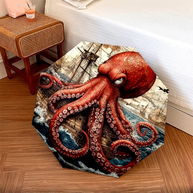 Ship Octopus pattern, automatic folding umbrella, portable and foldable design, 8 ribs, a Christmas or birthday gift.