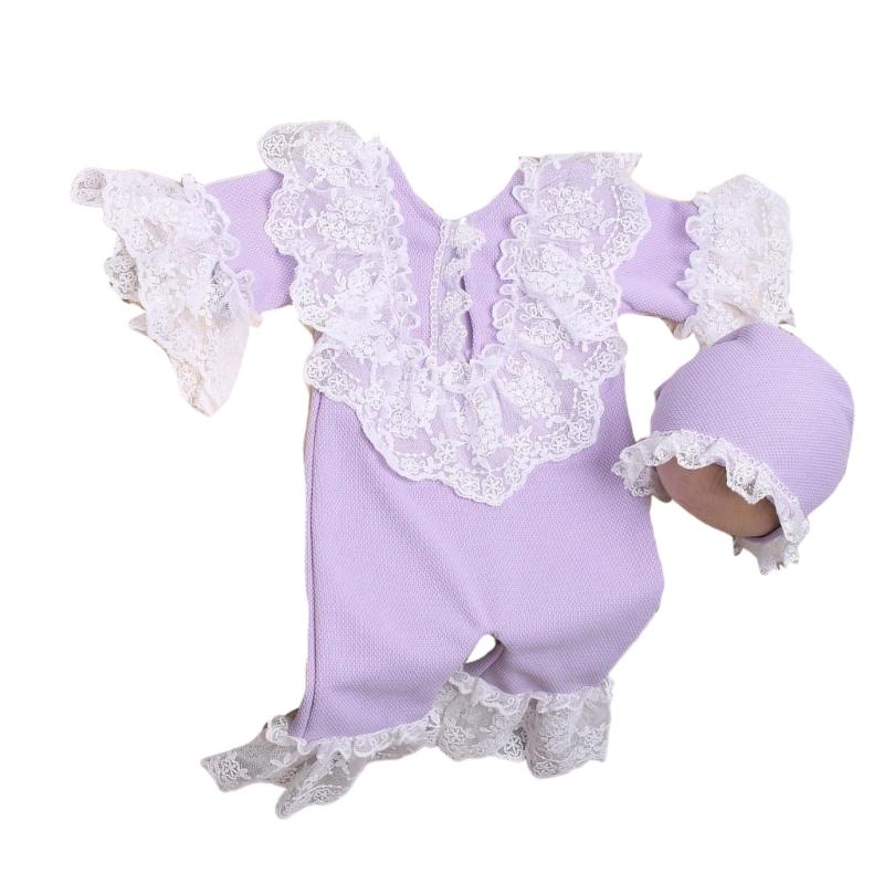 

2Pcs Newborns Photography Costume Including Lace Overalls and Matching Hat, 0-1M Girls Romper Pagoda Sleeve Hat Set 1