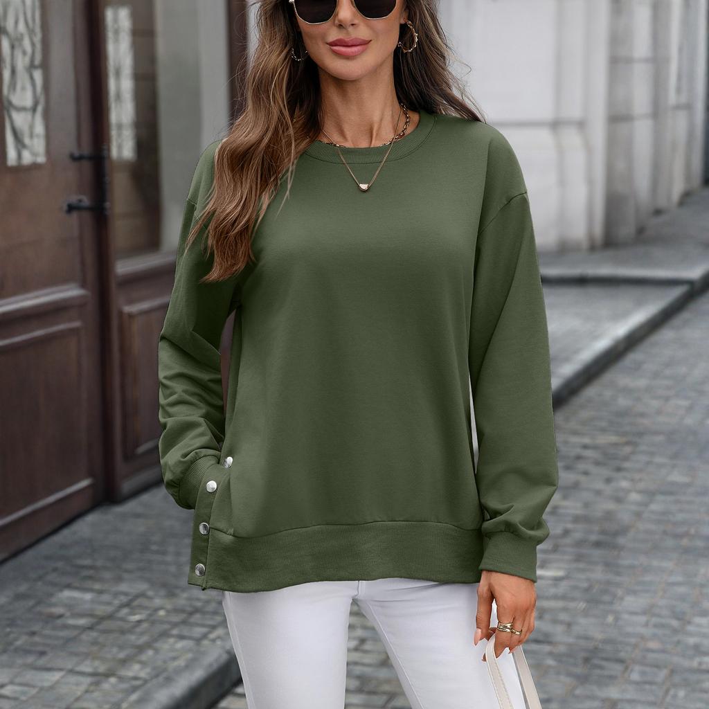 Women's Fashionable Round Neck Long Sleeved Solid Color Button Hem Slit Casual Hoodie Top