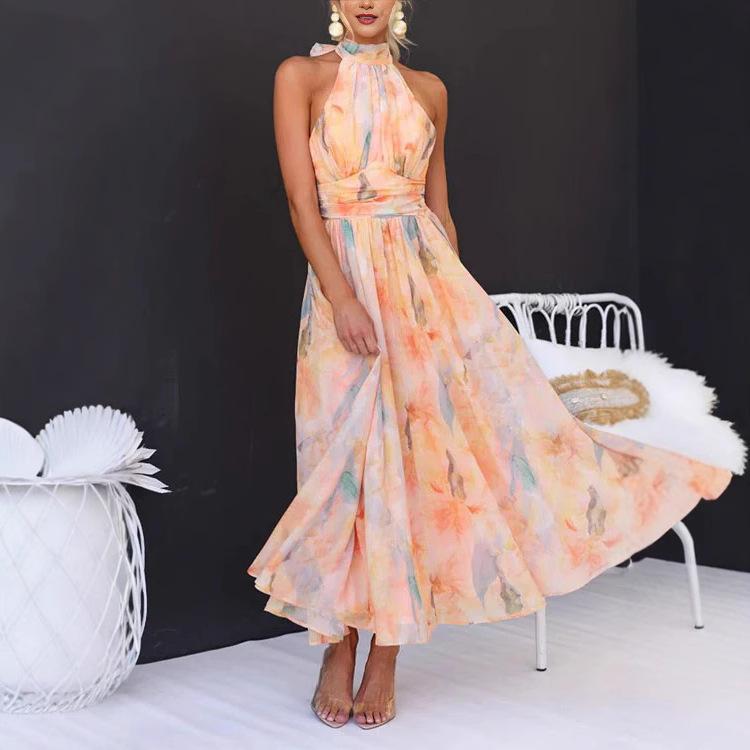 French temperament dopamine color long skirt seaside fairy vacation oil painting dress long dress girl