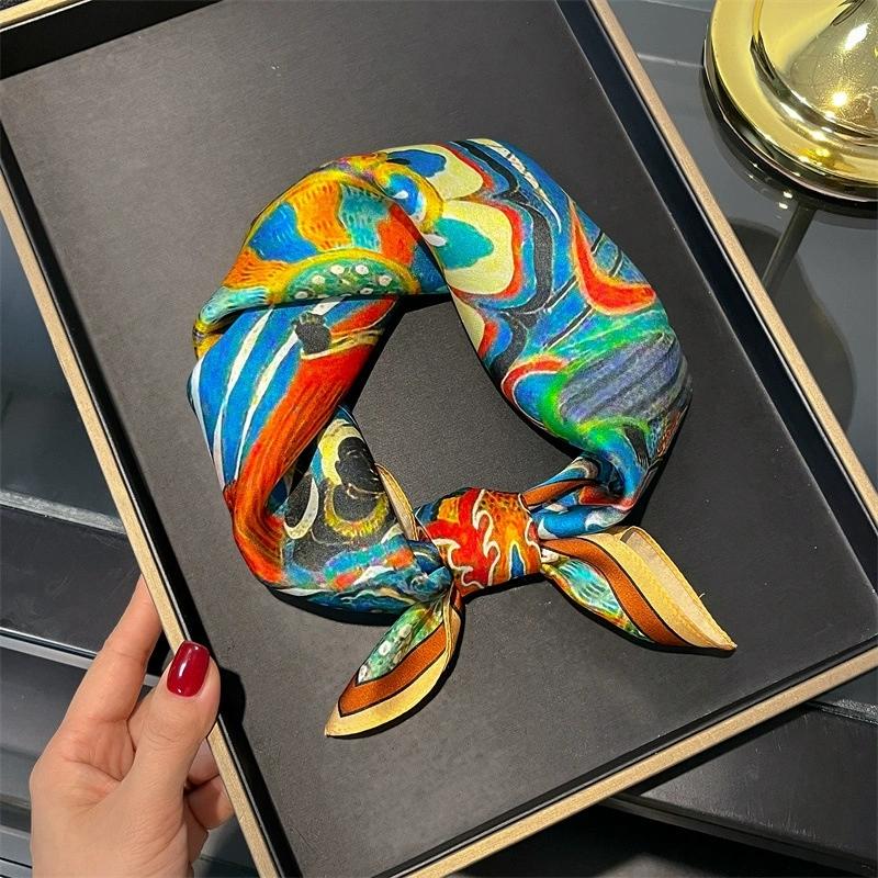 100% Pure Silk Scarf Women Neck Hair Band Foulard Square Small Headband  Fashion Print Neckerchief Scarves Bandana 53*53cm