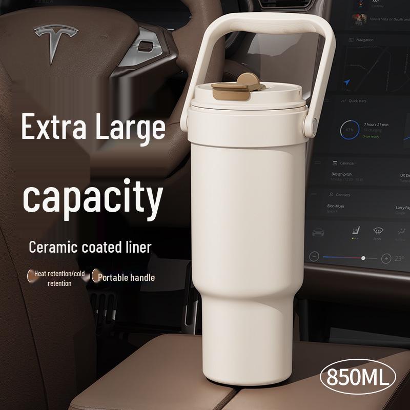 Large Stainless Steel Insulated Ceramic Coffee Cup with Straw and Handle Milky White