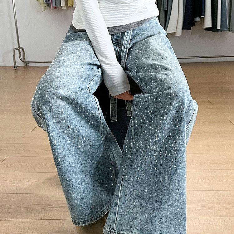 Rhinestone Wide Leg Jeans Women High Waist Loose Straight Denim Pants Plus Size Fleece Lined Tall & Petite Denim Trousers 2026 New Style