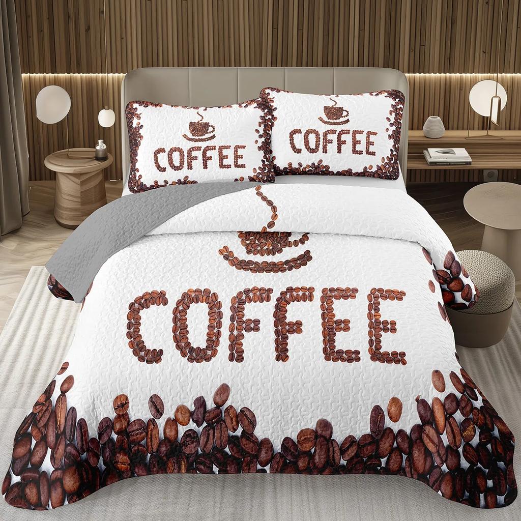 Single Twin Full Queen King Bedspread Set Coffee Bean Coverlet Set,Coffee Theme Bedding Set Coffee Lovers Gifts Room Decorations