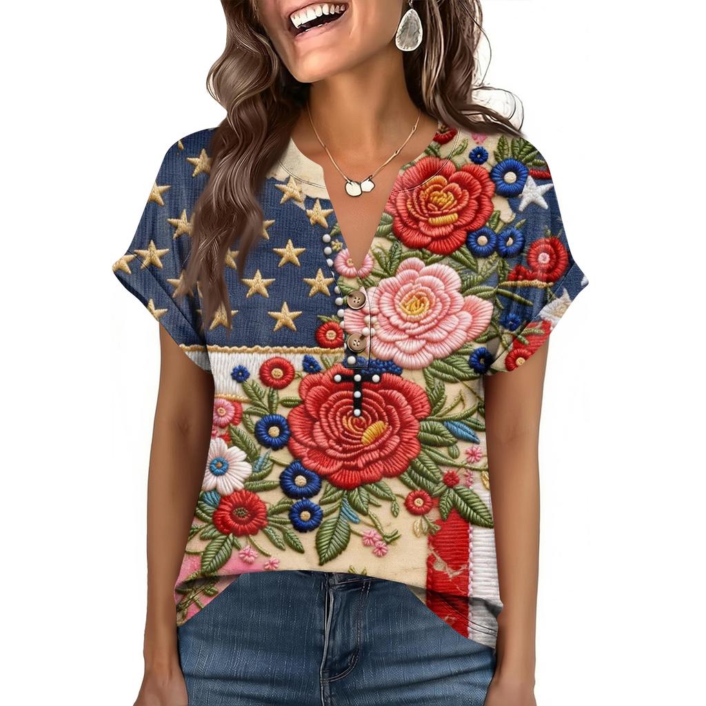 Women's Fashionable Casual Loose-Fit Short-Sleeved Button-Up V-Neck Printed T-Shirt Top