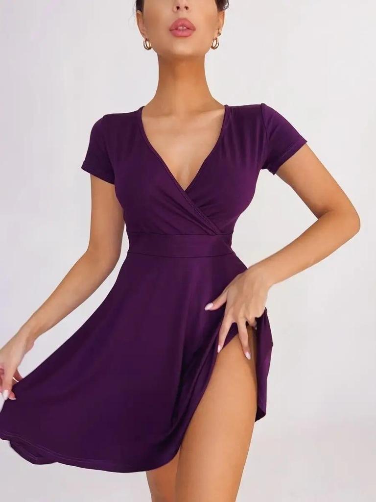 V-Ausschnitt Einfarbig Kurzarm Lässig Zuhause Damen Strickkleid