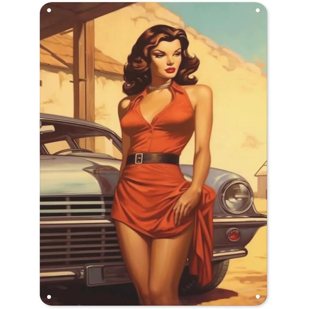 Metall Blechschilder Pinup Auto Mädchen Wanddekoration Plakette Vintage Kunst Poster Eisenmalerei für Man Cave Zuhause Café Garage Club Bar
