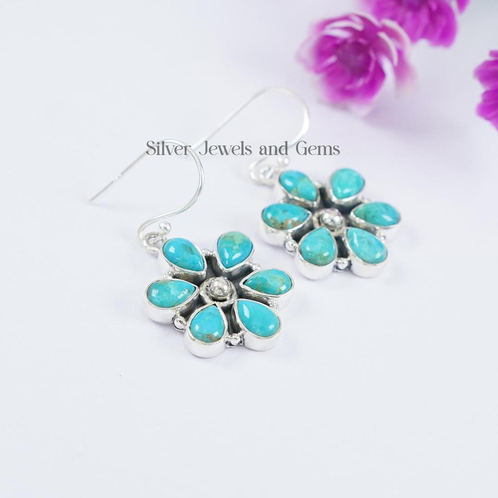 Natural Turquoise Dainty Earrings, Dangle Earrings, 925 Sterling Silver Earrings, Cluster Earring, Gemstone Earring, Birthday Earrings