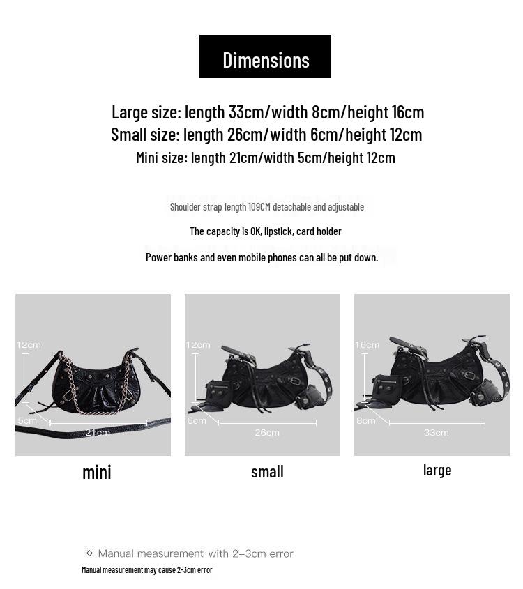 Women's 25 New B Motorcycle Bag: Underarm Rivet Tassel, Three-in-One Crescent Fold Cowhide Shoulder & Messenger Bag