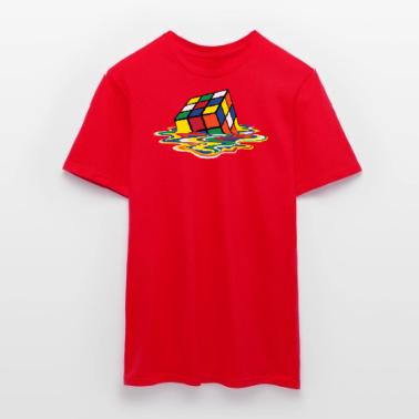 The Cotton Casual Cube Has Melted Into A Colorful Water Puddle Pattern and Is Printed on The Mens Tshirt